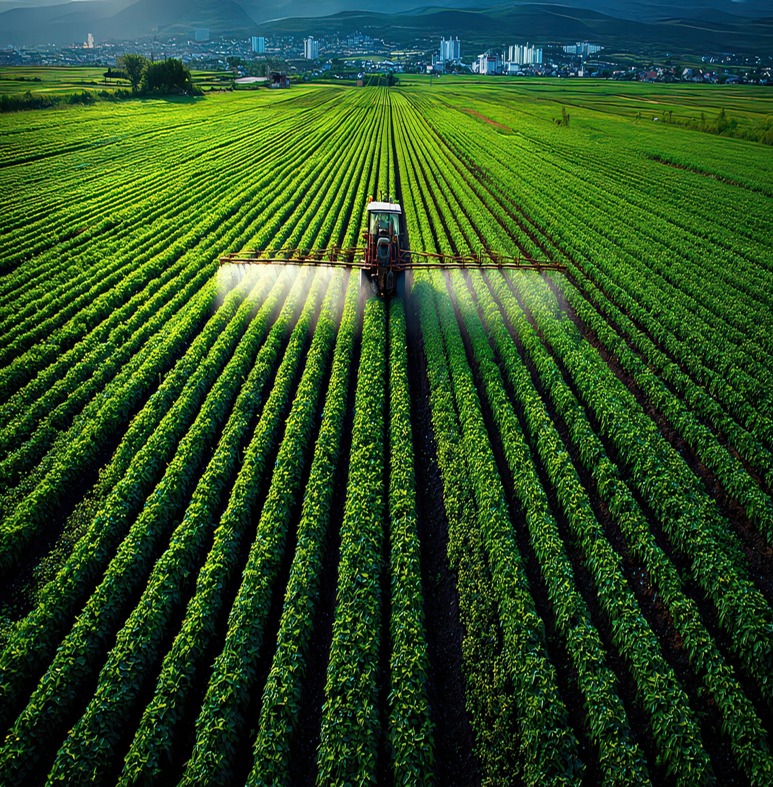 Agricultural machinery spraying crops at large green field under sunlight with rows of plants